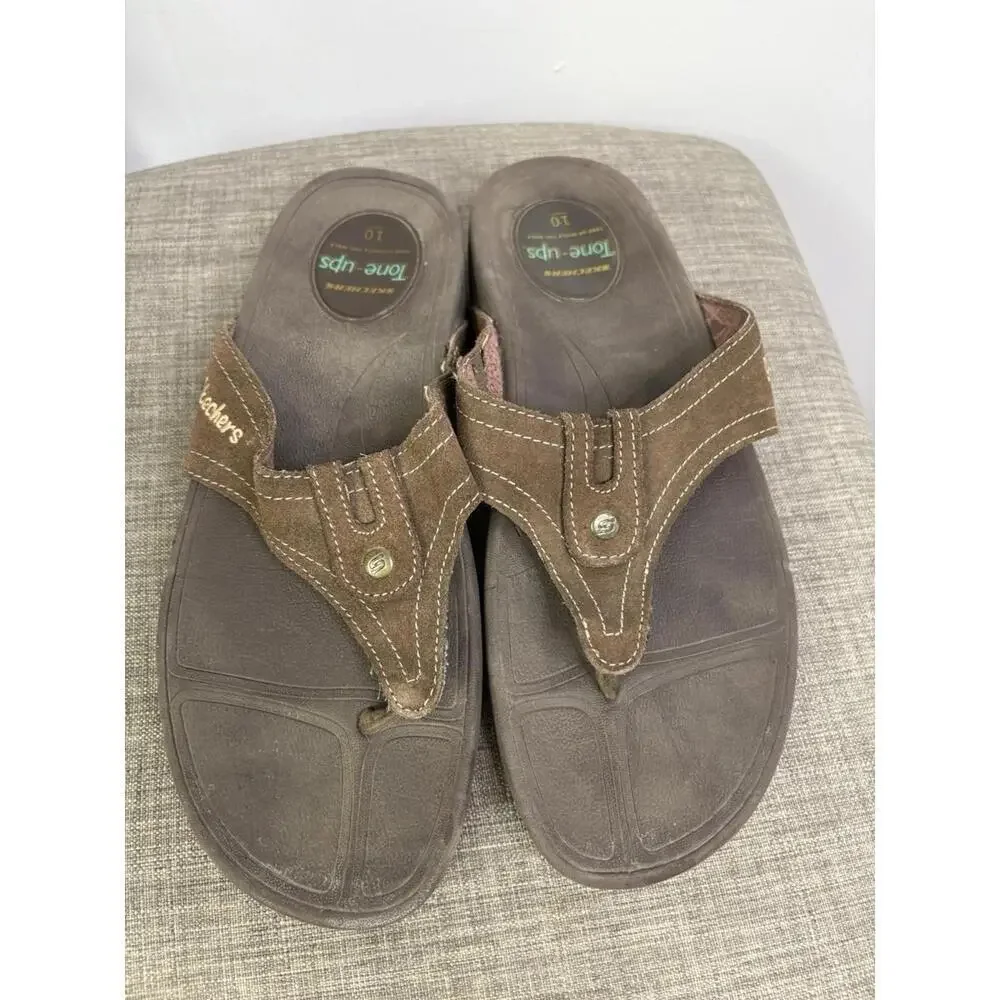 Skechers Sandals Womens 10 Tone Ups Brown Thong Walking Flip Flop Slip On - Picture 6 of 11